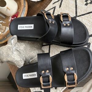 Steve Madden Black Slides with Gold Accents